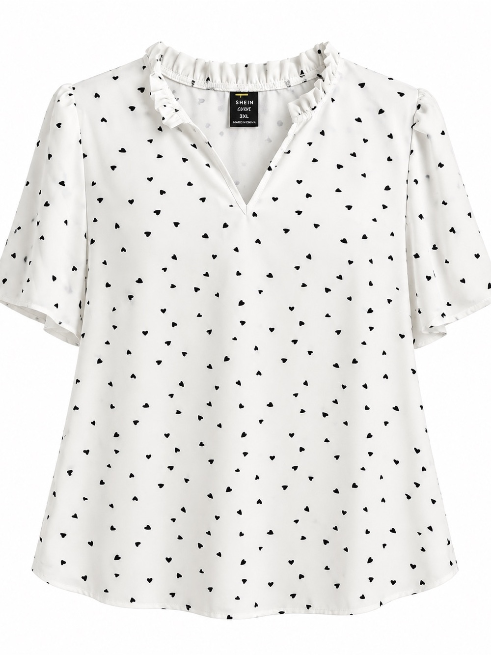 SHEIN Curve 3XL White Black Heart Print Ruffle Neck Blouse Plus Size Flutter Sle